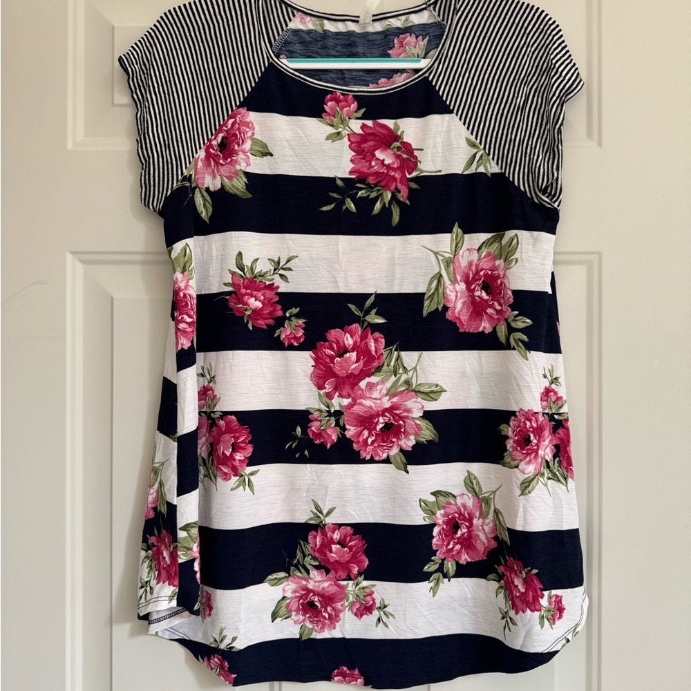 Emerald Floral and Stripe Short Sleeve Top